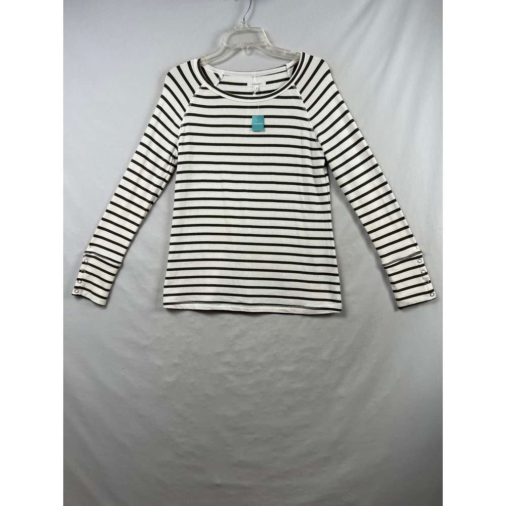 Maurices Striped Top Womens Medium Olive Green White Button Cuff Raglan New